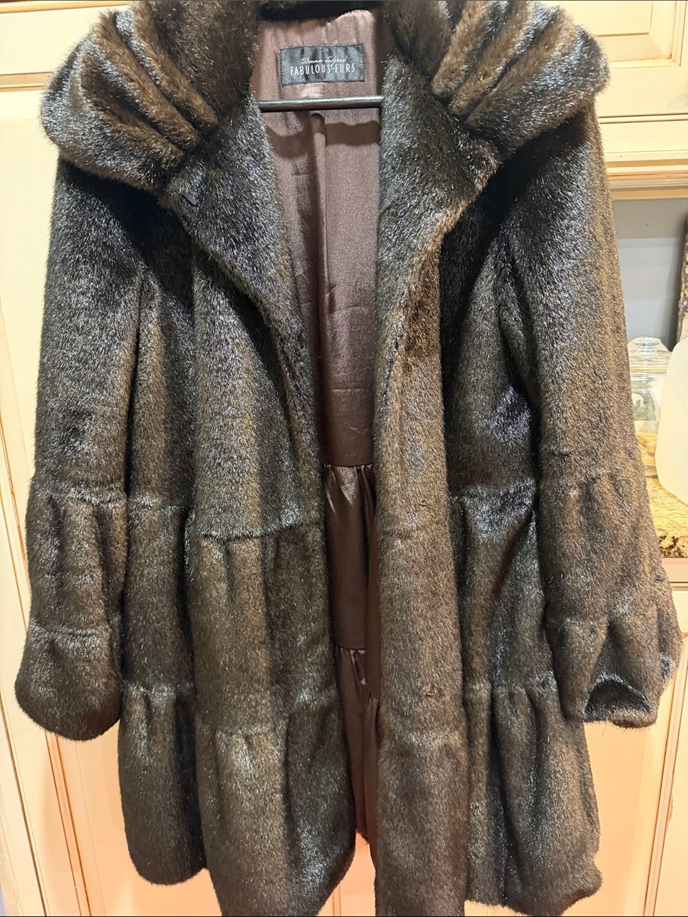 Vintage Fabulous Furs Brown Plush Faux Fur Tiered Trench Coat With Pockets
